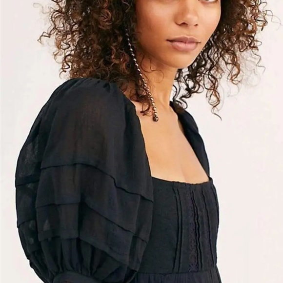 FREE PEOPLE Black Lets Be Friends Drawstring Waist Puff Sleeve Midi Dress L - Picture 7 of 8